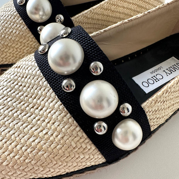 Jimmy Choo Dru Espadrilles Raffia Flats with Pearls in Natural/Black Size 37 - Picture 12 of 16